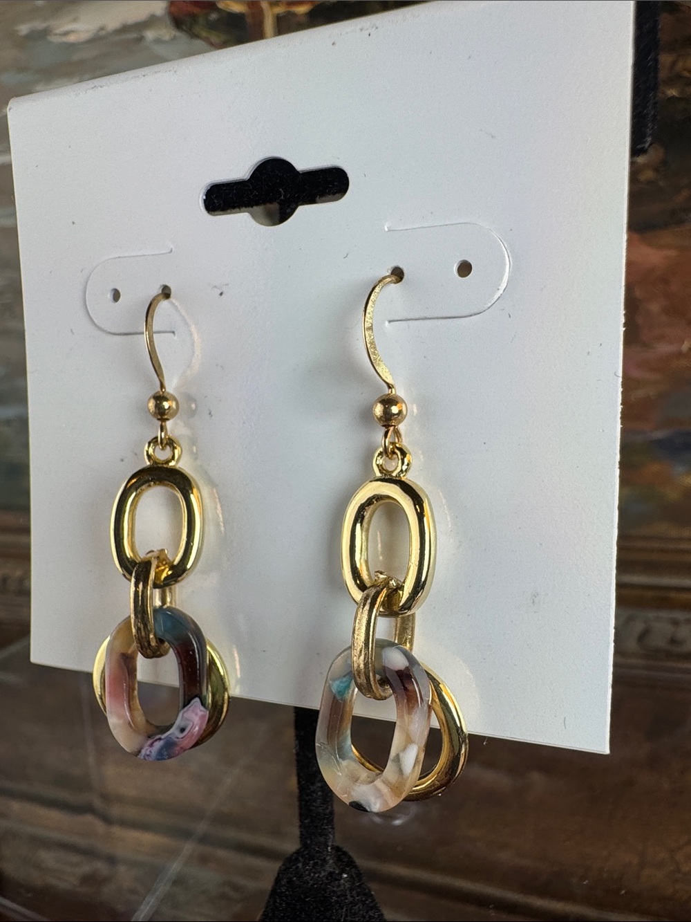 0576-Gold Link‎ Drop Earrings with Multicolor Resin Hoops